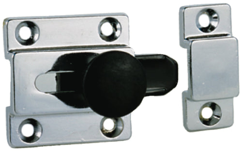 Chrome Plated Zinc Cupboard Bolt 

Black plastic slide and knob.